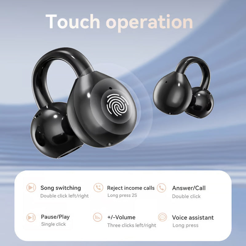 Clip-on earphones with color screen, support 134 languages, Bluetooth V6.0, are waterproof, have an ergonomic design, and offer up to 40 hours of battery life.