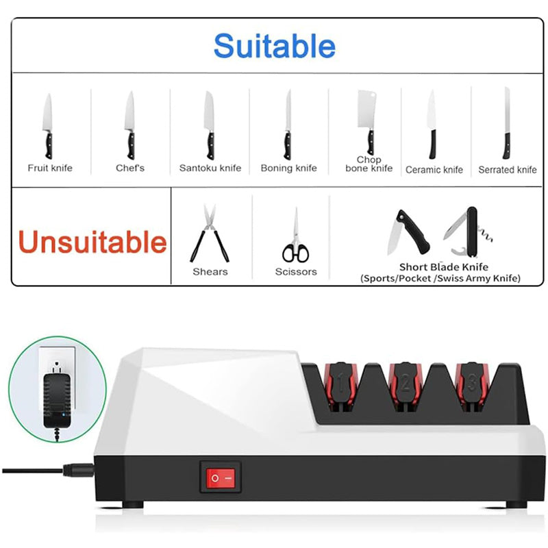 Professional 3-Stage Electric Knife Sharpener with Precision Angle Guide & Diamond Abrasive