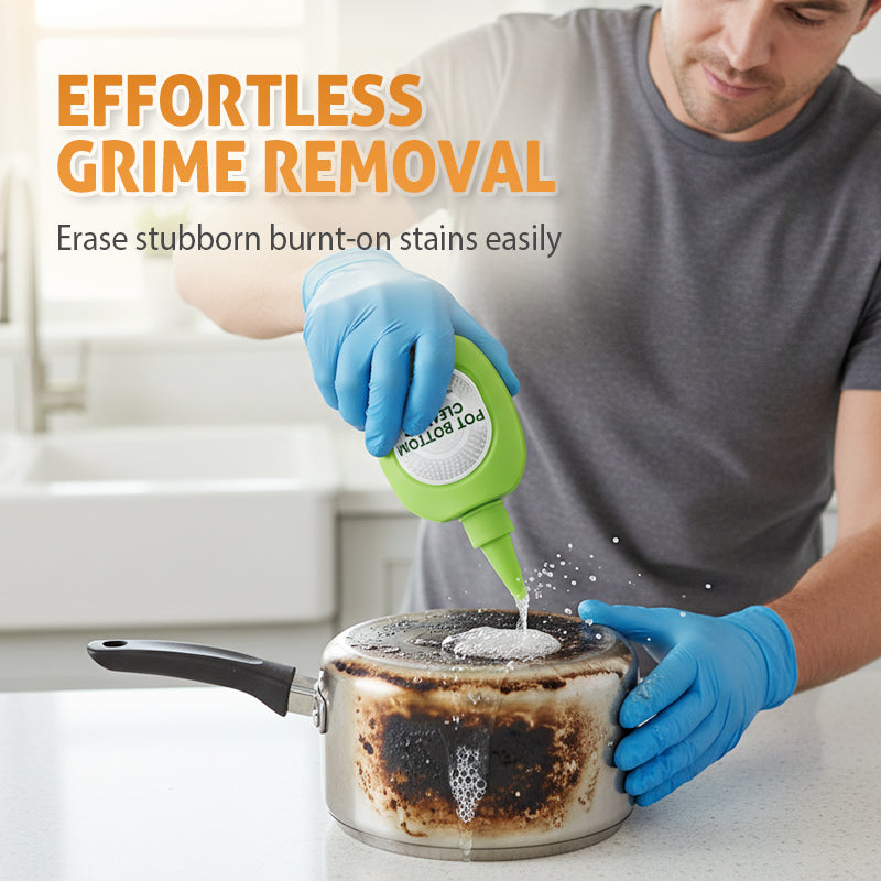 A cleaner for removing dirt and residue from the bottom of pots