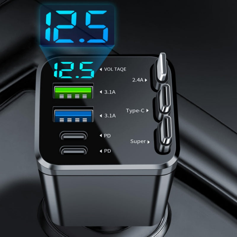⏳Limited-time 50% off⏰Fast Charging 7-in-1 Retractable Fast Car Charger with Voltage Display – USB-C For Android&Lighting For APPLE🔋📱