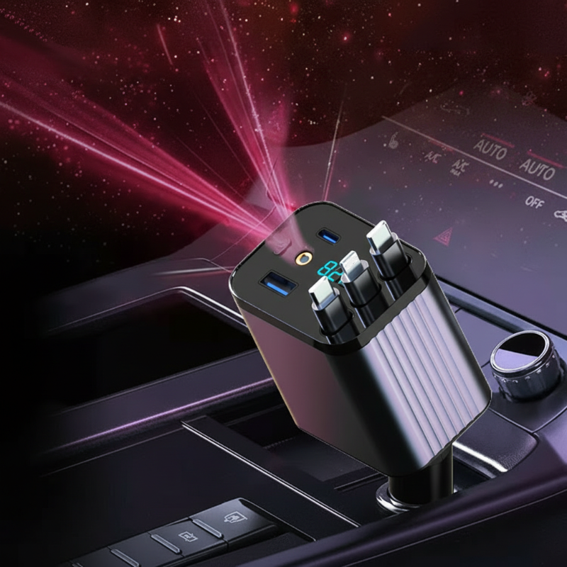 ⏳Limited-time 50% off⏰Fast Charging 7-in-1 Retractable Fast Car Charger with Voltage Display – USB-C For Android&Lighting For APPLE🔋📱