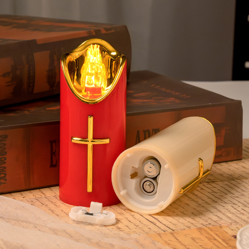 Flameless Pillar LED Candle with Gold Cross