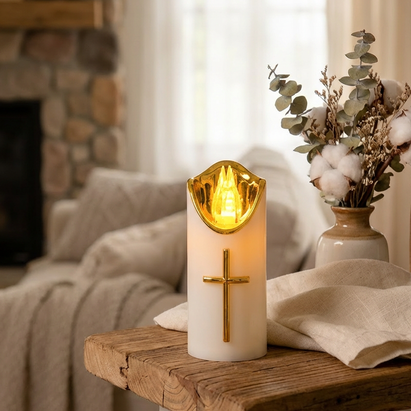 Flameless Pillar LED Candle with Gold Cross