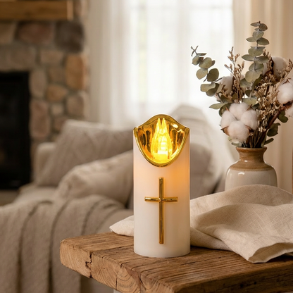 Flameless Pillar LED Candle with Gold Cross