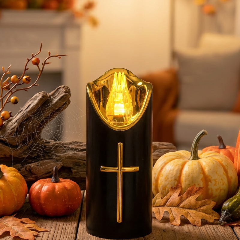 Flameless Pillar LED Candle with Gold Cross