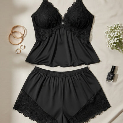 🥳2026 HOT SALE🥳💞50K+ SOLD!👗🌸 60% OFF! Lace Trim Camisole & Shorts Pajama Set – Soft satin-like fabric, adjustable straps & V-neck. Elastic waist shorts for easy on/off. Perfect for a relaxing night. 🛏️✨
