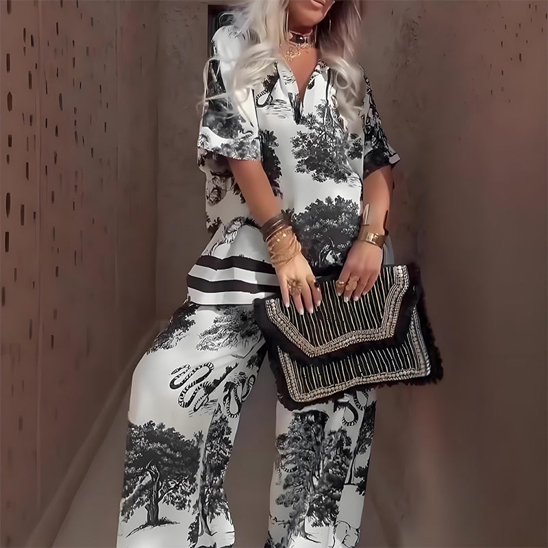 👚40% OFF NOW! 🌸 Women's Casual Printed V-Neck Set – Soft & Breathable – V-Neck Top & Long Pants 🍃