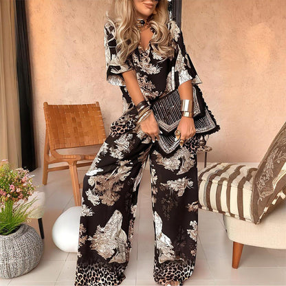 👚40% OFF NOW! 🌸 Women's Casual Printed V-Neck Set – Soft & Breathable – V-Neck Top & Long Pants 🍃