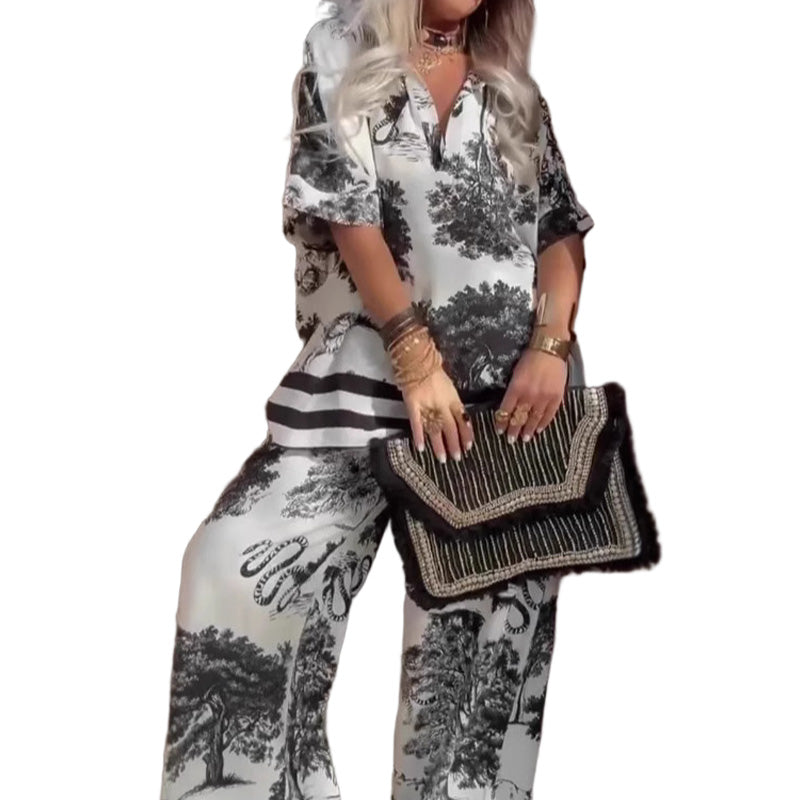 👚40% OFF NOW! 🌸 Women's Casual Printed V-Neck Set – Soft & Breathable – V-Neck Top & Long Pants 🍃