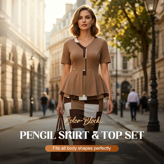 👗50% OFF NOW! 🤍Color Block Pencil Skirt & Top Set – Figure-Flattering, Chic & Perfect for Office, Dinner & Special Occasions – Versatile 2-Piece ✨