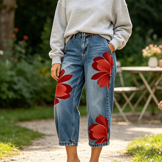 👖 LIMITED-TIME 50% OFF! ✨ Women's Floral Wide-Leg Jeans – Unique Appliqué, Soft, 6 Colors 🌸