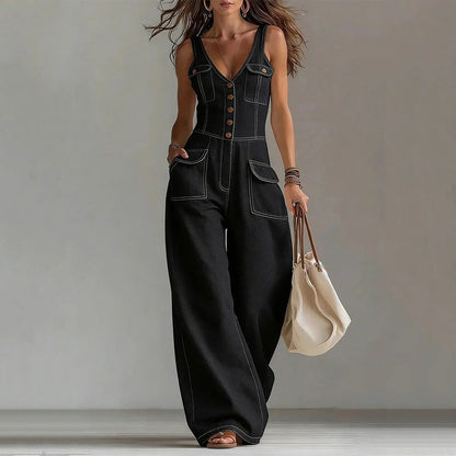 ⏳Time-Limited Special⏰Women's Denim Jumpsuit – Sleeveless, V-Neck, Wide-Leg 💫