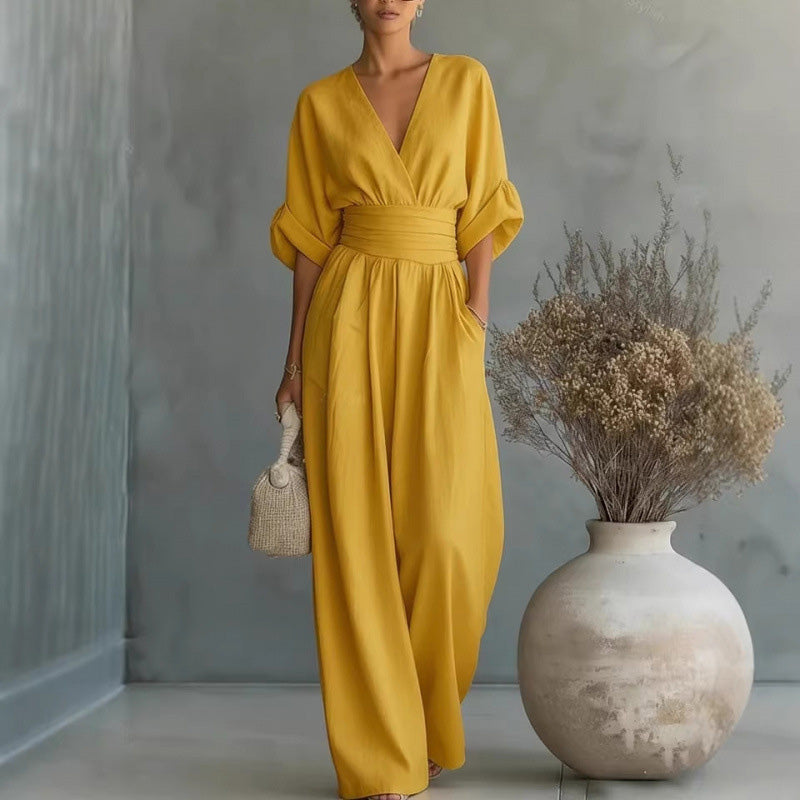 ⌛Limited-time offer-Women's V-Neck High Waist Wide Leg Jumpsuit