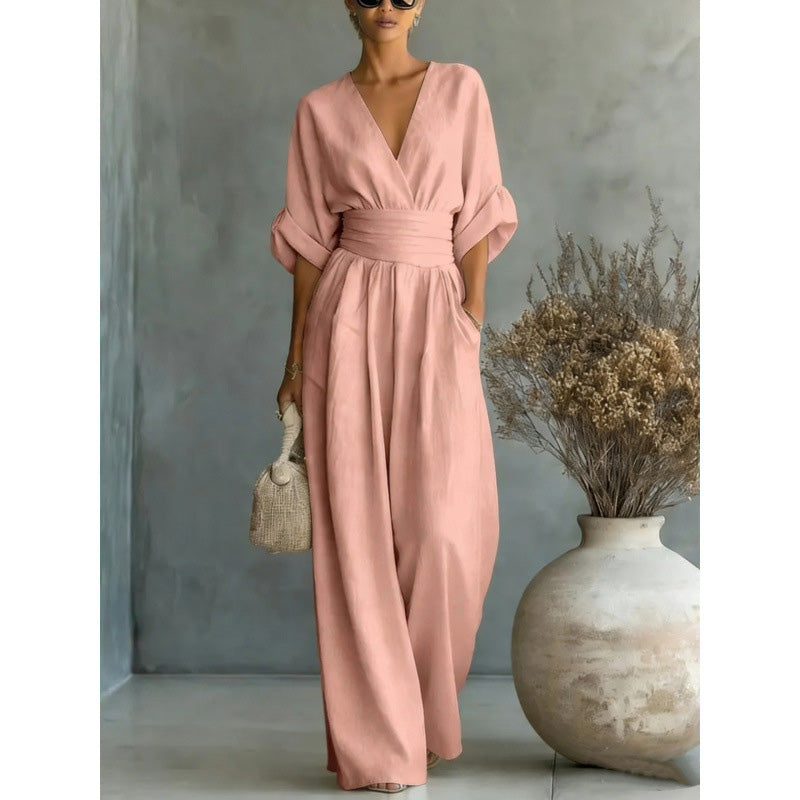 ⌛Limited-time offer-Women's V-Neck High Waist Wide Leg Jumpsuit