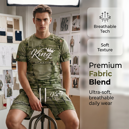 Men's Casual Artistic Denim-Print T-Shirt & Shorts Set