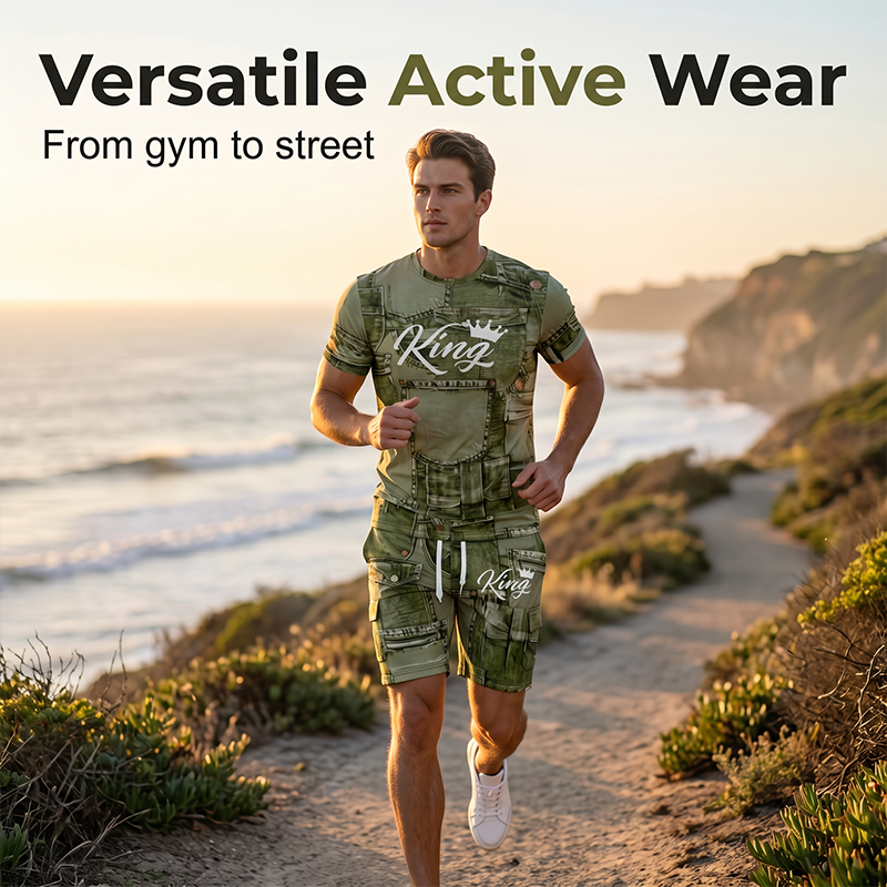 Men's Casual Artistic Denim-Print T-Shirt & Shorts Set