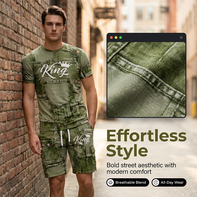 Men's Casual Artistic Denim-Print T-Shirt & Shorts Set