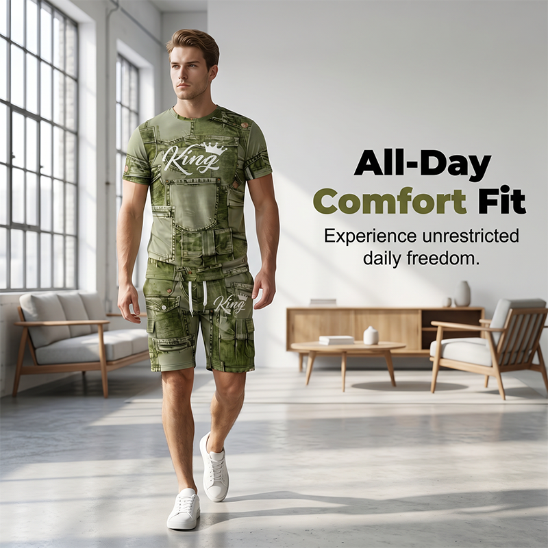 Men's Casual Artistic Denim-Print T-Shirt & Shorts Set