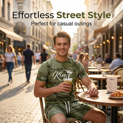 Men's Casual Artistic Denim-Print T-Shirt & Shorts Set