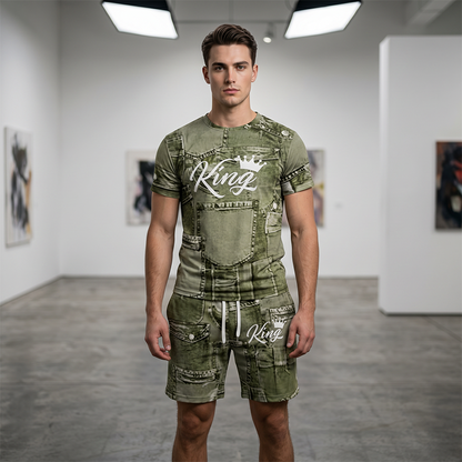 Men's Casual Artistic Denim-Print T-Shirt & Shorts Set