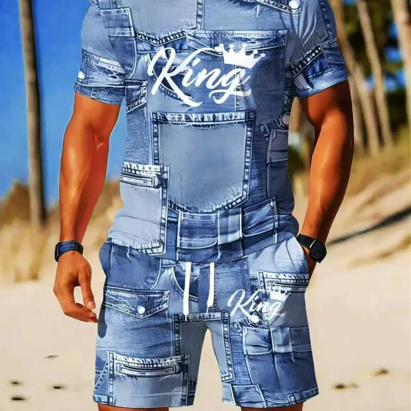 Men's Casual Artistic Denim-Print T-Shirt & Shorts Set
