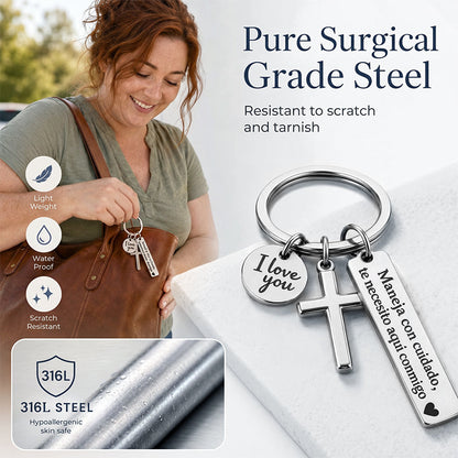 Stainless Steel Cross Keychain with Drive Safe