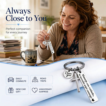 Stainless Steel Cross Keychain with Drive Safe