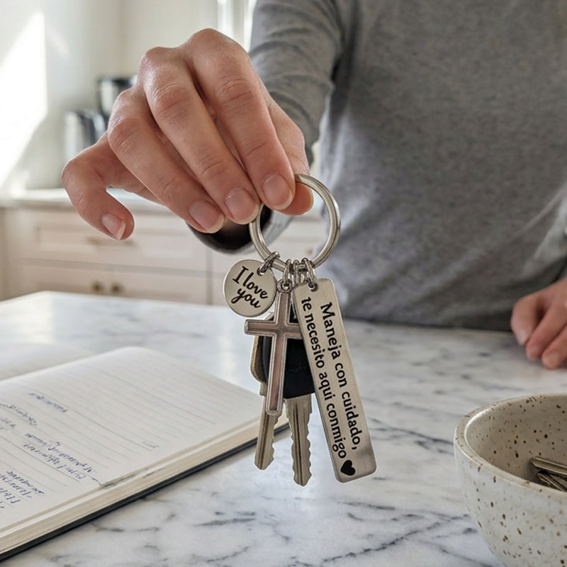 Stainless Steel Cross Keychain with Drive Safe