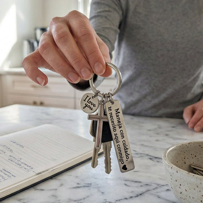 Stainless Steel Cross Keychain with Drive Safe