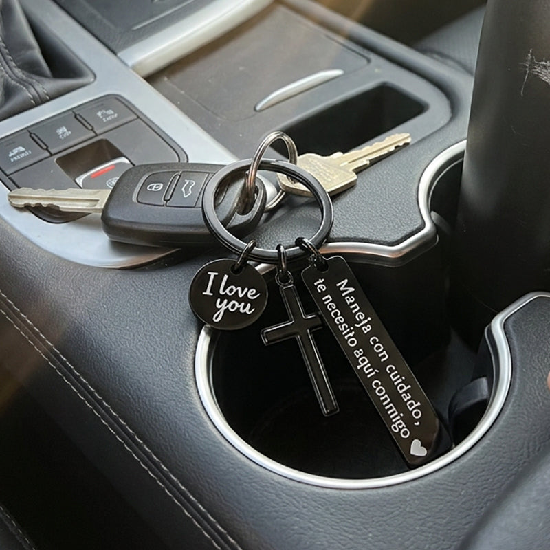 Stainless Steel Cross Keychain with Drive Safe