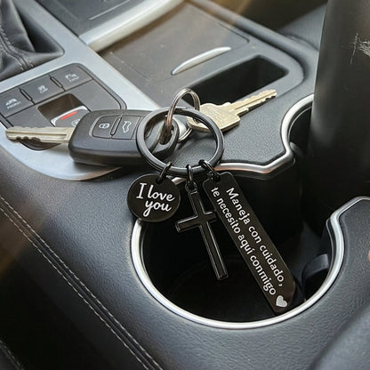 Stainless Steel Cross Keychain with Drive Safe