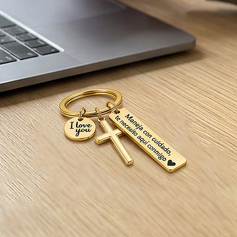 Stainless Steel Cross Keychain with Drive Safe
