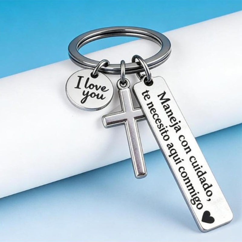Stainless Steel Cross Keychain with Drive Safe