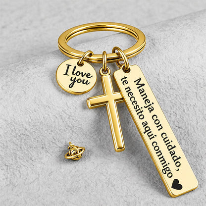 Stainless Steel Cross Keychain with Drive Safe