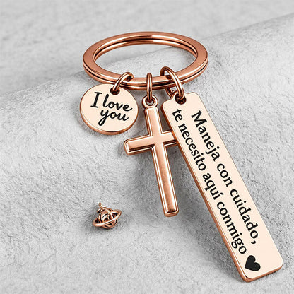 Stainless Steel Cross Keychain with Drive Safe