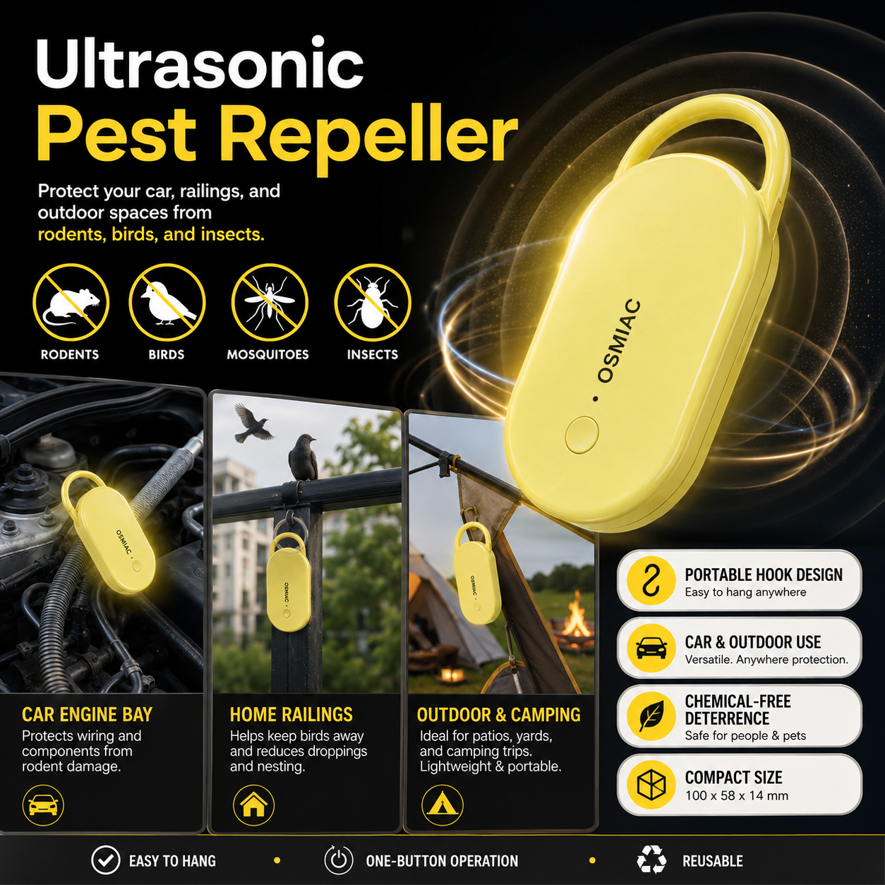 📢📢57% OFF !! ⏰Portable Ultrasonic Pest Repeller with Hanging Hook for Car