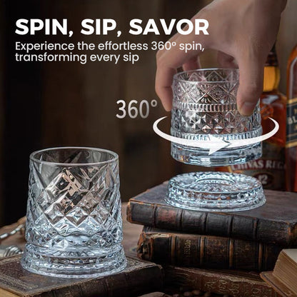 🥃50% OFF NOW! 360° Rotating Whiskey Glass Tumbler – Vintage Embossed Crystal Spinning Old Fashioned Glass, Luxury Rotatable Cocktail Glass for Bar, Home & Party