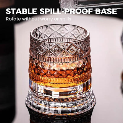 🥃50% OFF NOW! 360° Rotating Whiskey Glass Tumbler – Vintage Embossed Crystal Spinning Old Fashioned Glass, Luxury Rotatable Cocktail Glass for Bar, Home & Party