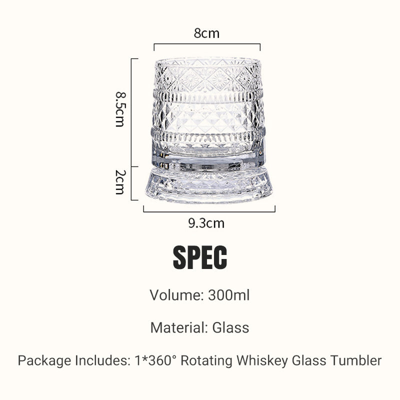 🥃50% OFF NOW! 360° Rotating Whiskey Glass Tumbler – Vintage Embossed Crystal Spinning Old Fashioned Glass, Luxury Rotatable Cocktail Glass for Bar, Home & Party