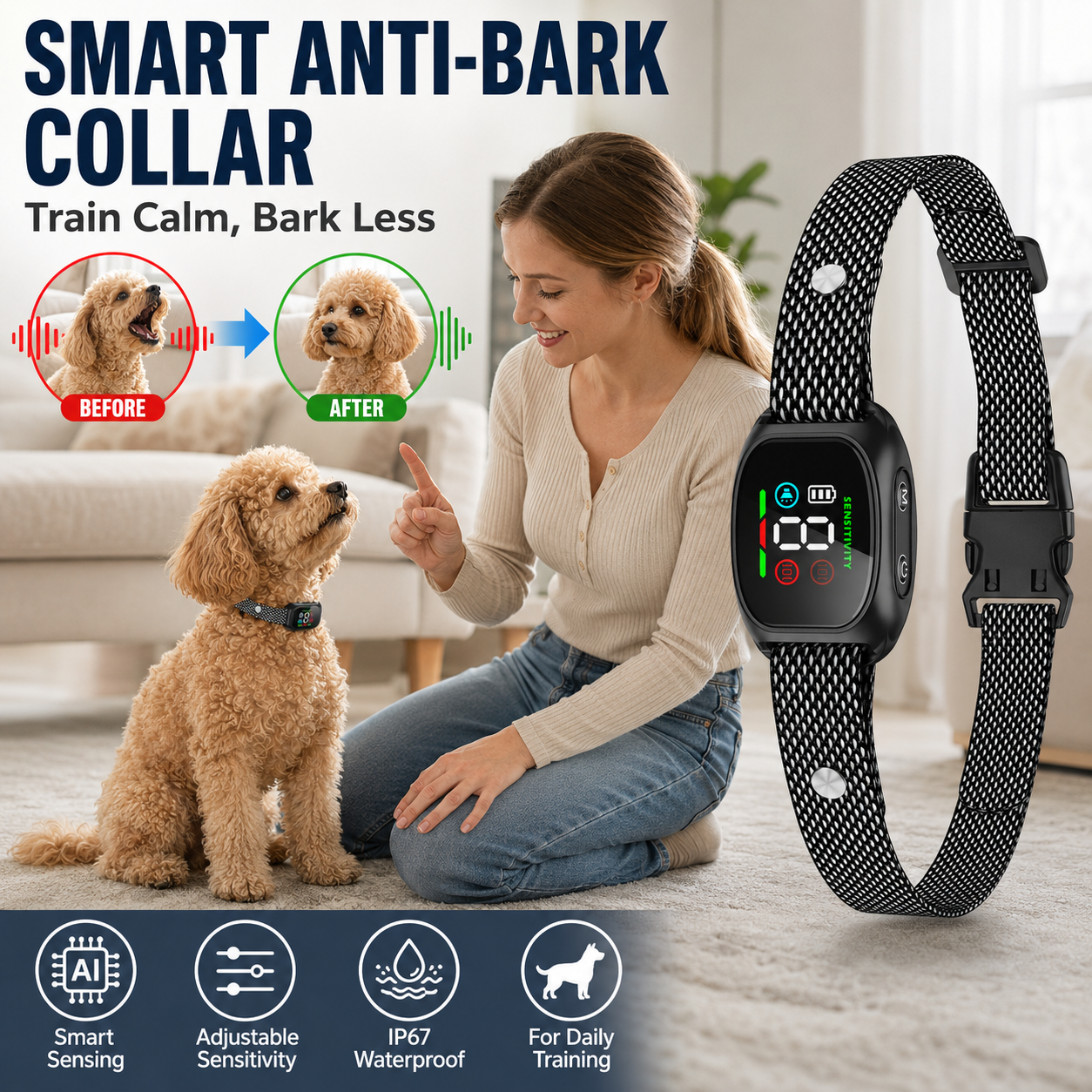 🥳2026 HOT SALE🥳💞50K+ SOLD! 🛡️🐾 50% OFF! Anti Bark Collar – Smart anti‑false triggering filters out other barks. IP67 waterproof & USB rechargeable – worry‑free training anywhere! 💦✅