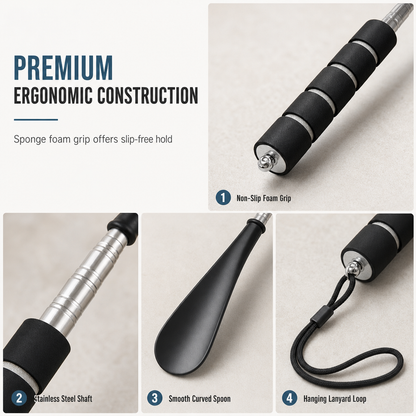 🥿 Telescopic Shoe Horn: 70cm Long Handle, Stainless Steel, No Bending, Ergonomic Foam Grip