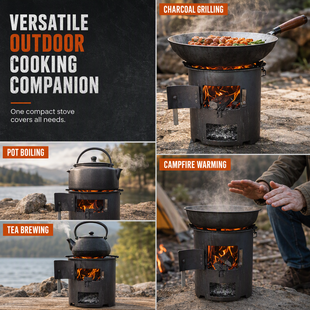 ⏳Time-Limited Special⏰Heavy‑Duty Carbon Steel Camping Stove – Wood & Charcoal, High‑Draft Airflow, 3‑in‑1 Cooktop 🍳