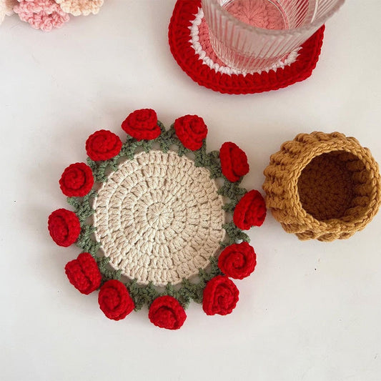 Handmade coasters made from floral yarn