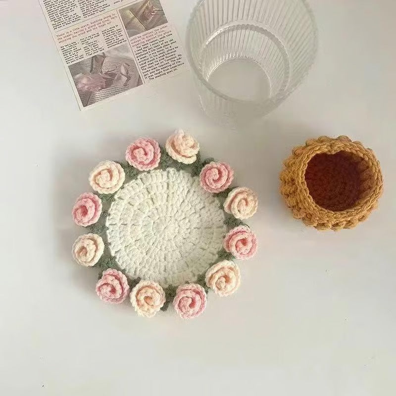 Handmade coasters made from floral yarn