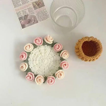 Handmade coasters made from floral yarn