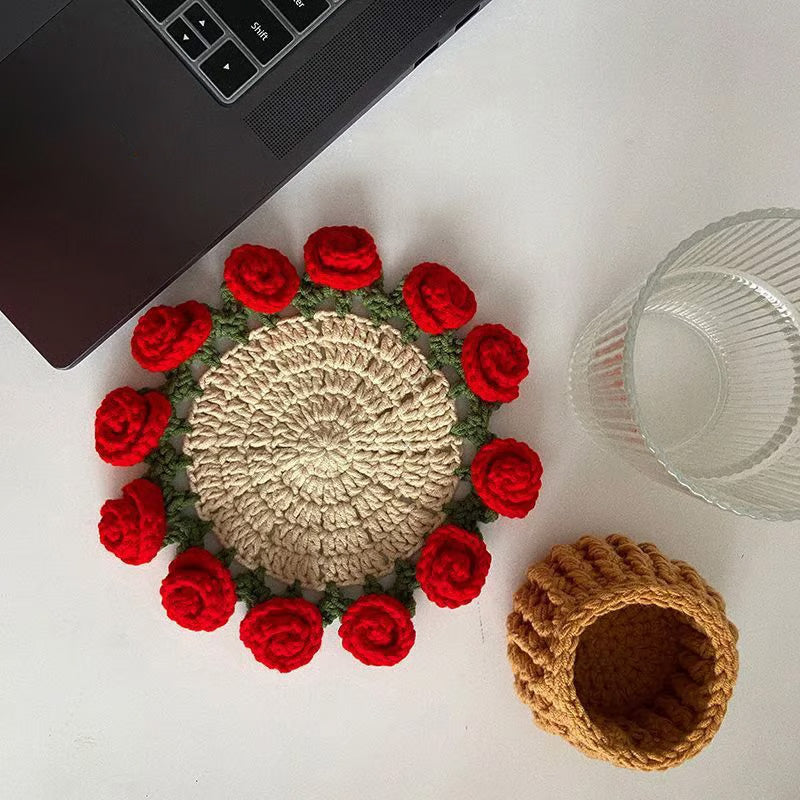 Handmade coasters made from floral yarn