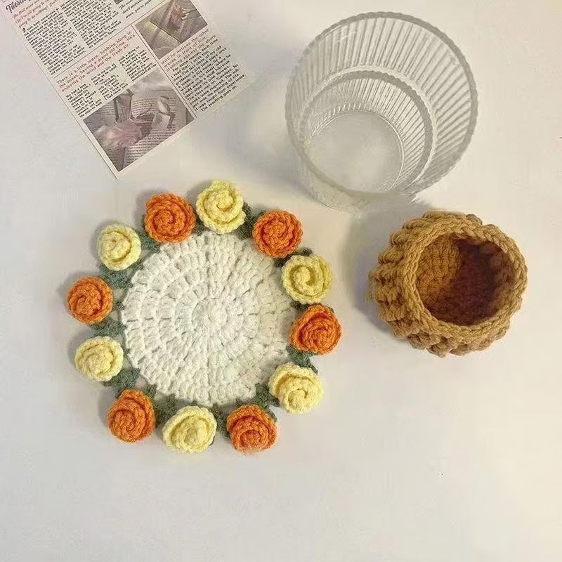 Handmade coasters made from floral yarn
