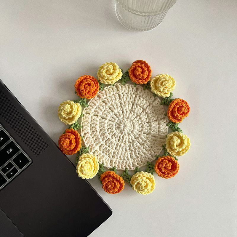 Handmade coasters made from floral yarn