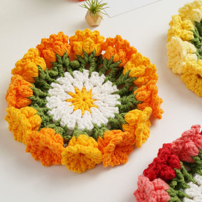 Handmade coasters made from floral yarn