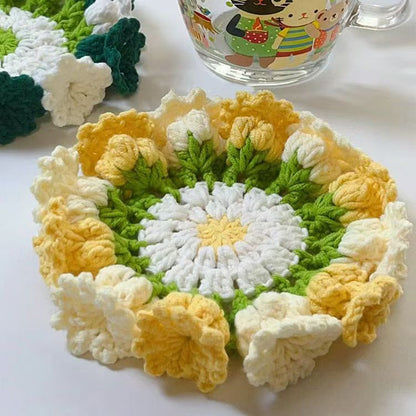 Handmade coasters made from floral yarn